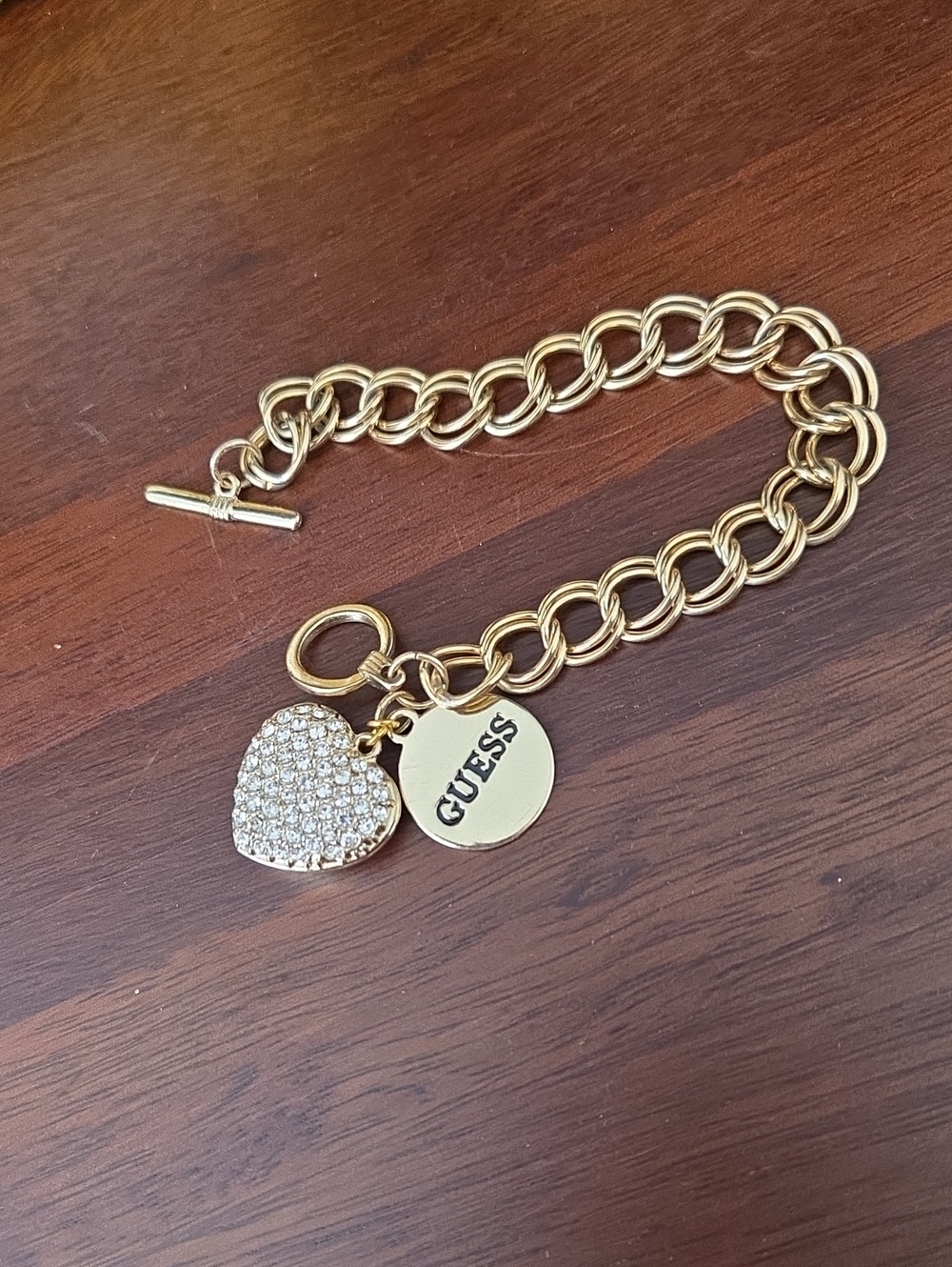 Guess Gold-Tone Pavé Heart Charm Chain Bracelet